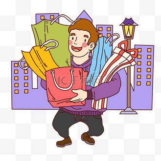 商场大放送图片素材_手绘双十一抢购货物男子插画