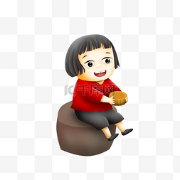 小女孩坐在凳子上面吃月饼 