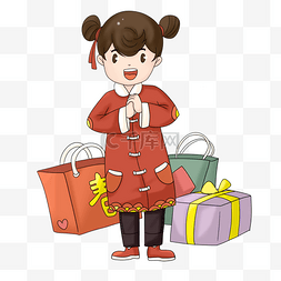 桃心红色礼盒图片_新年拜新年的小女孩插画