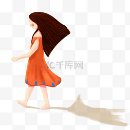 卡通手绘夏季穿着裙子在走路的女
