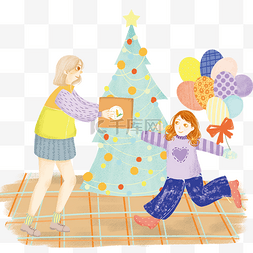 手绘圣诞树海报图片_卡通手绘圣诞节送礼物的妈妈和开