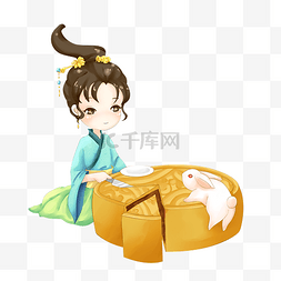 小白兔吃图片_中秋节女孩吃月饼插画