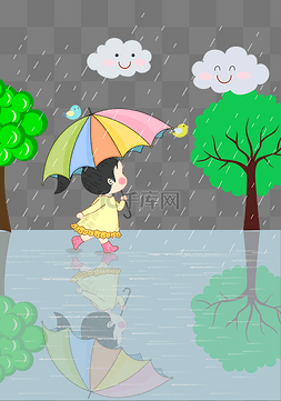 云朵雨伞图片_手绘雨中奔跑的小女孩矢量图