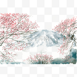 山脚下的桃花水彩画PNG免抠素材