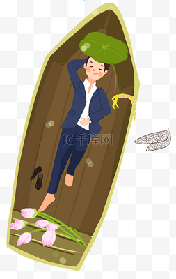 手绘小船元素图片_手绘卡通躺在船里的男孩