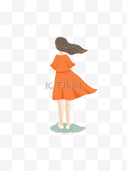 穿橙色长裙的长发卡通女子背影元