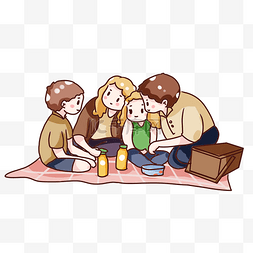 手绘卡通一家人秋游野餐