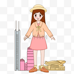 假期城市旅游女孩插画