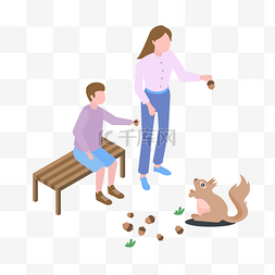 友爱图片_卡通插画风正在喂松鼠的母子