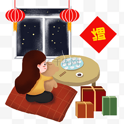 海报喜迎新春图片_新年红色小清新手绘插画吃饺子元
