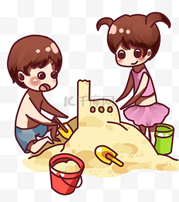 玩沙儿童图片_天海滩堆沙城堡玩耍