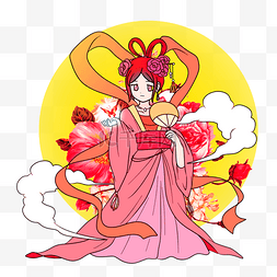 月光牡丹花下中国风Q版卡通美女