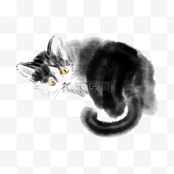 小猫插画图片_黑色水墨小猫插画