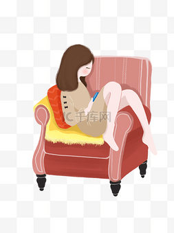 彩绘坐在沙发上的小女孩插画设计