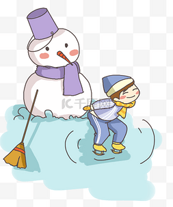 滑冰的冬装男孩和可爱的小雪人