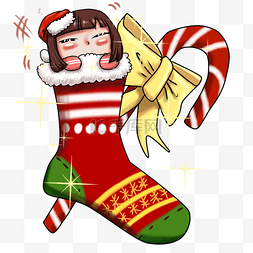圣诞袜红色图片_动漫厚涂手绘圣诞袜里的女孩插画