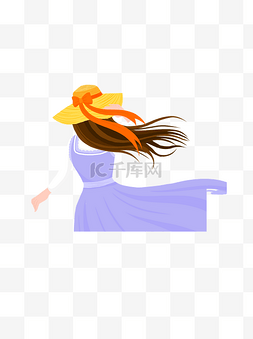 戴蝴蝶结丝带黄色帽子的紫衣长裙