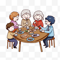 饭店内吃饭图片_手绘卡通重阳节陪老人吃饭