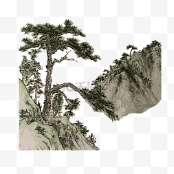 工笔国画山水图片_山水山石松工笔国画PNG