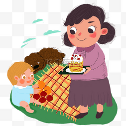 野餐海报图片_公园蛋糕野餐的母子