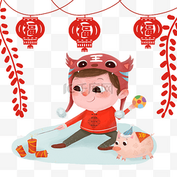 放灯笼的人插画图片_新年灯笼和人物插画