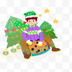 圣诞节紫色衣服男孩手绘插画