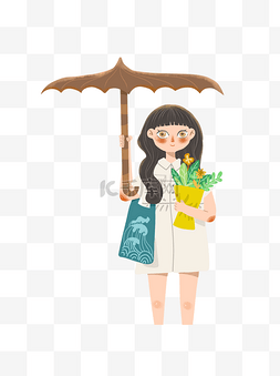 花布袋图片_拿着雨伞的少女装饰元素