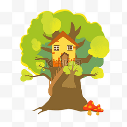 彩色的树树图片_卡通绿色自然清新树屋插画