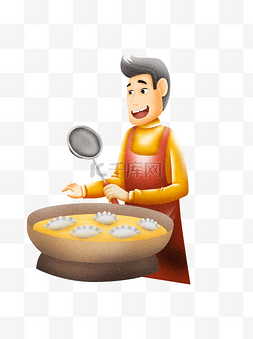 手绘锅子图片_手绘立冬煮饺子的男人设计可商用