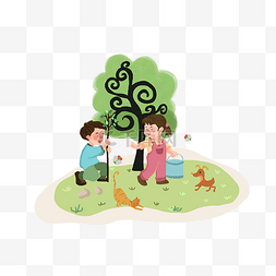 绿色卡通小狗图片_女孩男孩在草地上和小猫小狗