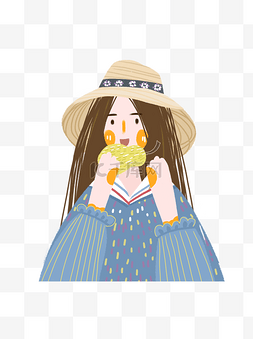 吃梨子图片_吃黄梨的可爱女生卡通元素