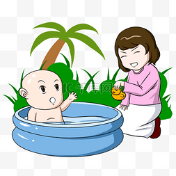 给婴儿洗澡的母亲人物