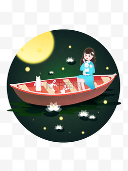 手绘小船元素图片_中秋节跟月兔一起赏月矢量设计元
