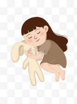 抱着玩偶图片_手绘卡通女孩抱着玩具兔元素