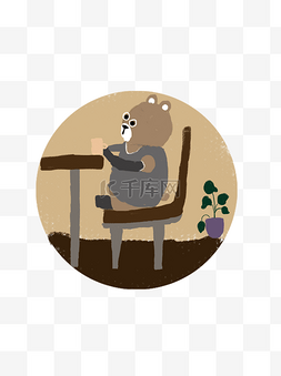 咖啡小清新图片_棕色小熊在咖啡厅喝咖啡商用插图