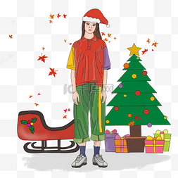 红雪橇图片_卡通手绘圣诞节时尚小姐姐插画雪