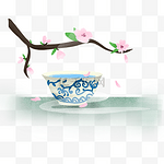中国风青花瓷茶水桃花枝