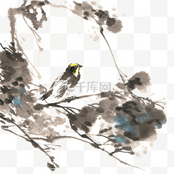 雨写实素材图片_雨中的小鸟水墨画PNG免抠素材