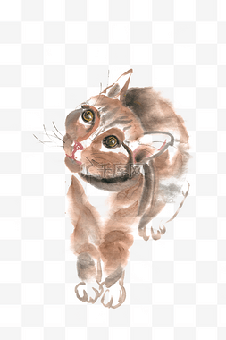 好奇的小猫水墨画PNG免抠素材