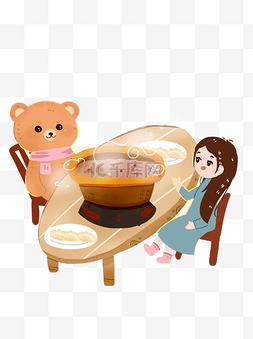 彩绘可爱一起吃饭的女孩和小熊可