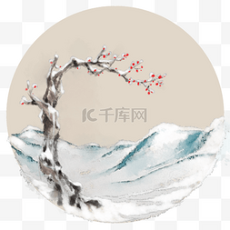 中国风水墨画冰原梅花雪景