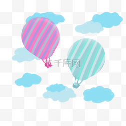 粉色薄荷绿图片_可爱插画风云中漂浮热气球图案