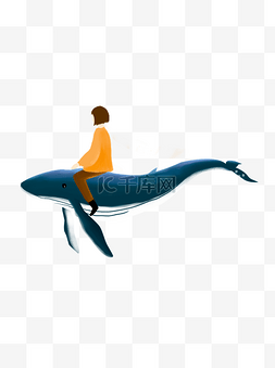 童话手绘动物图片_手绘卡通女孩坐在鲸鱼上元素