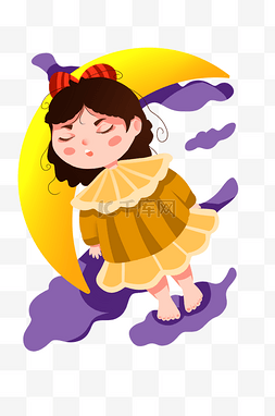 卡通云朵月亮图片_躺着睡觉的小女孩插画