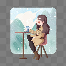 冬季雪景插画图片_冬季旅游和咖啡的小女孩