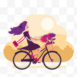 扁平运动矢量图片_小女孩骑自行车运动健身卡通手绘