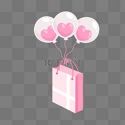 手绘挂着爱心气球的粉色礼物盒