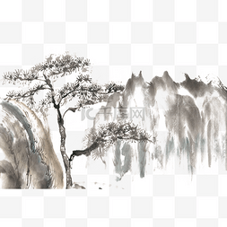 幽静深山图片_黄山迎客松水墨画PNG免抠素材