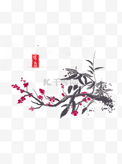 写意梅花图片_手绘国画水墨晕染开的红色梅花可