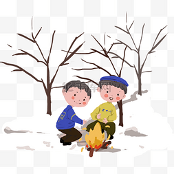 小男孩野外图片_冬天在雪地上生火取暖